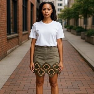 1822 Denim army Green upcycled granny square Embellished Mini Skirt